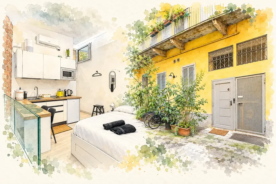 Il Cortile: illustrazione ad acquerello dell’appartamento e del cortile