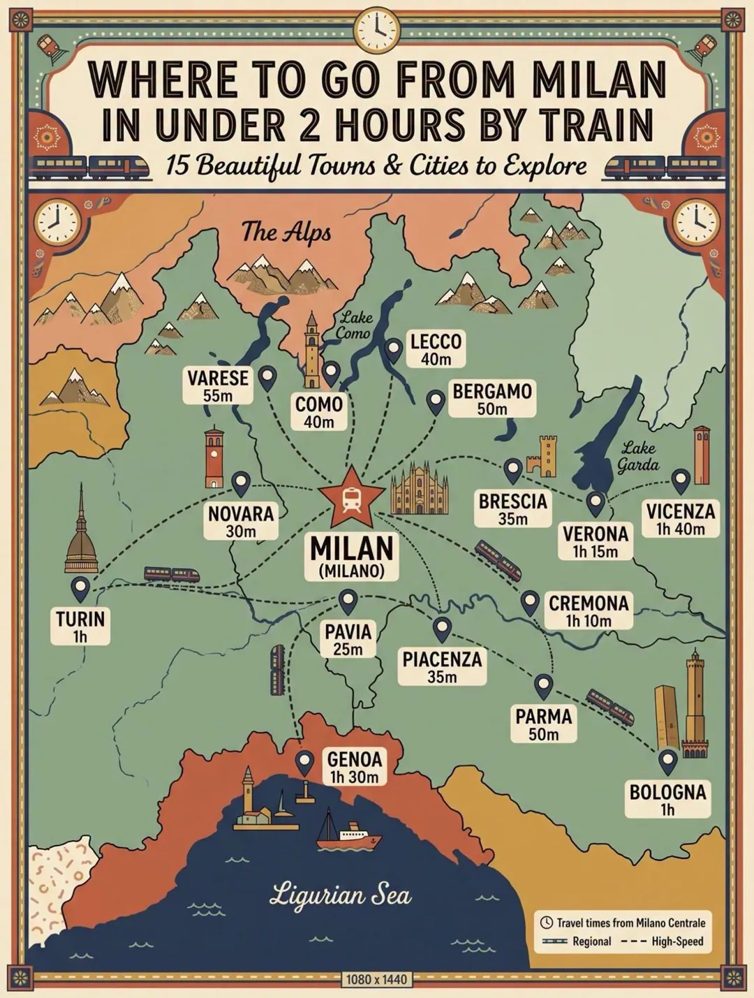 Illustrierte Karte: 15 Zugziele ab Mailand